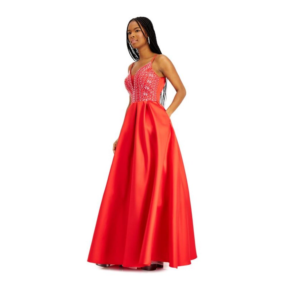 B DARLIN Womens Red Spaghetti Strap Full-Length Prom Fit + Flare Dress 13\14 - Picture 3 of 4